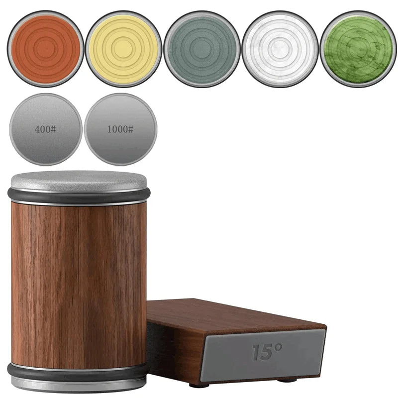 Rolling Knife Sharpener Kit – 15° & 20° Magnetic Angle Block, Diamond Discs