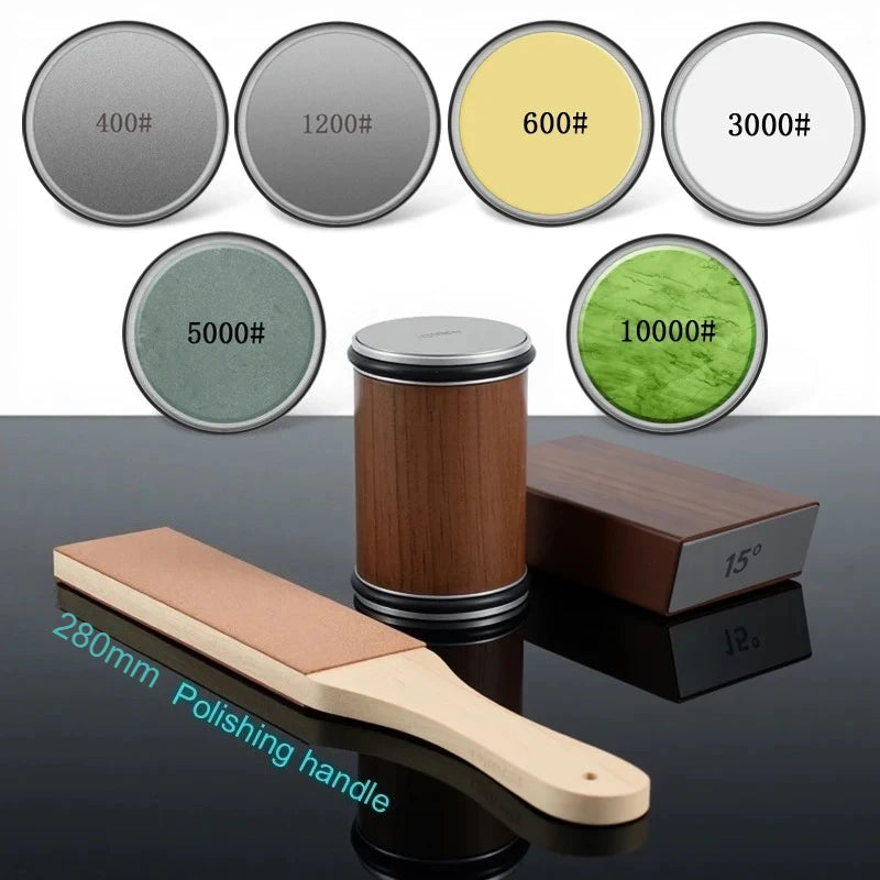 Rolling Knife Sharpener Kit – 15° & 20° Magnetic Angle Block, Diamond Discs