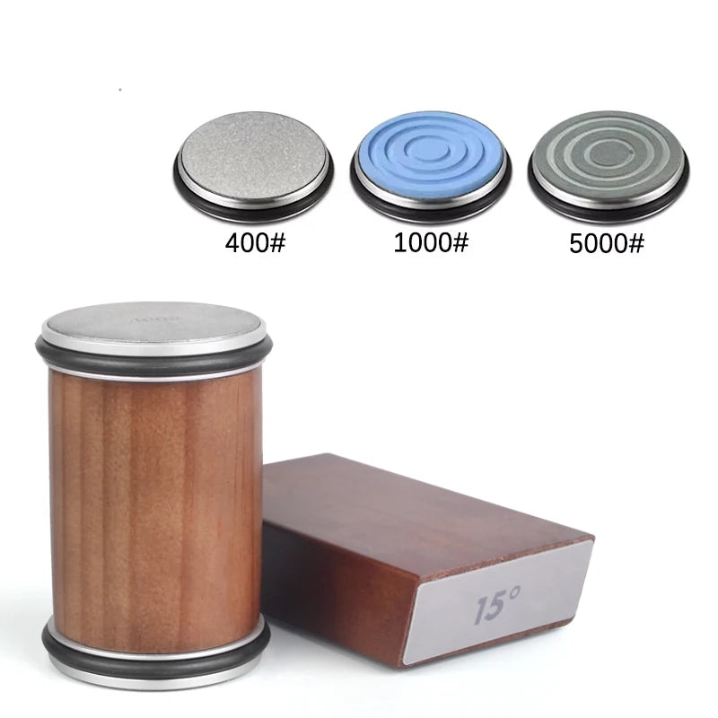 Rolling Knife Sharpener Kit – 15° & 20° Magnetic Angle Block, Diamond Discs